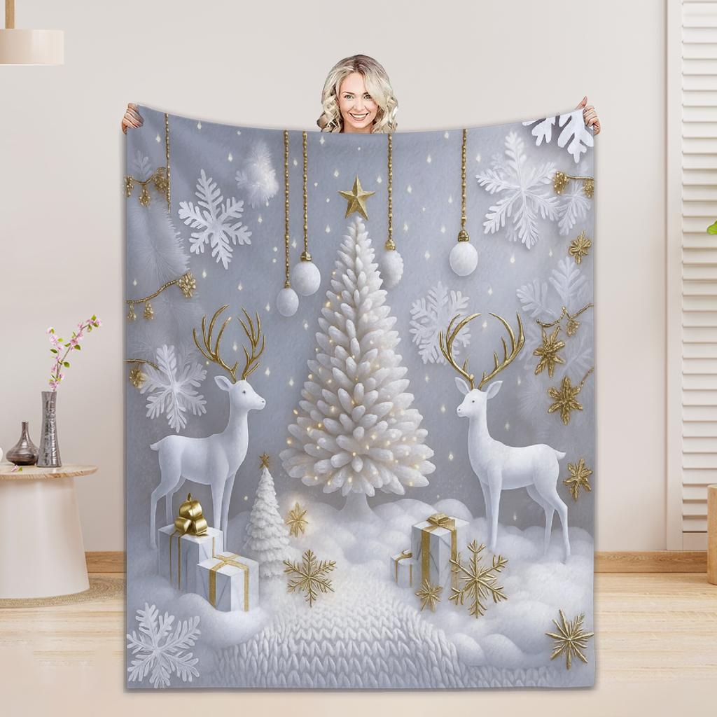 Merry Christmas Reindeer Snowflake Flannel Blanket-Bed Blanket&Throw Blanket Soft Comfortable, Ideal for Home Decoration Gifting