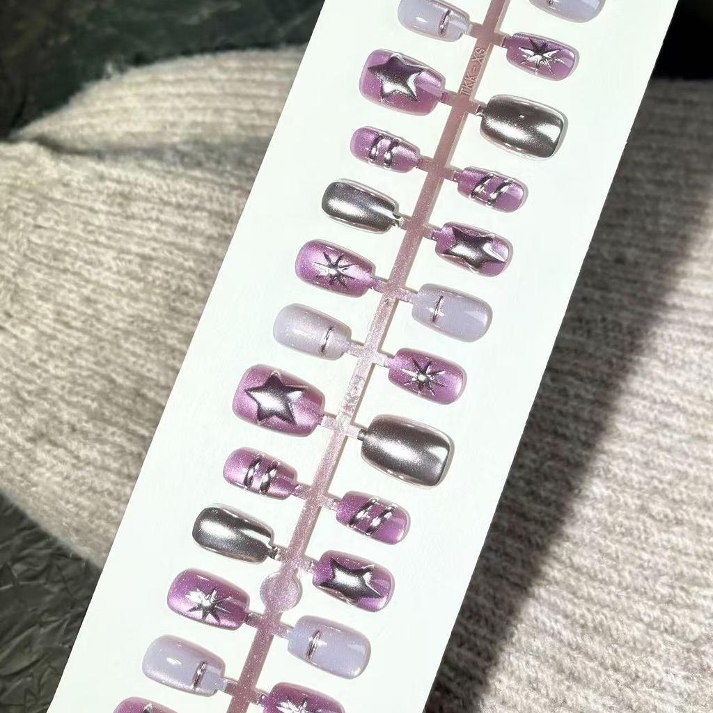 Magic Mirror Silver Purple Cat Eye Spicy Girl Y2K Handmade Short Wearable Nail Art Patches