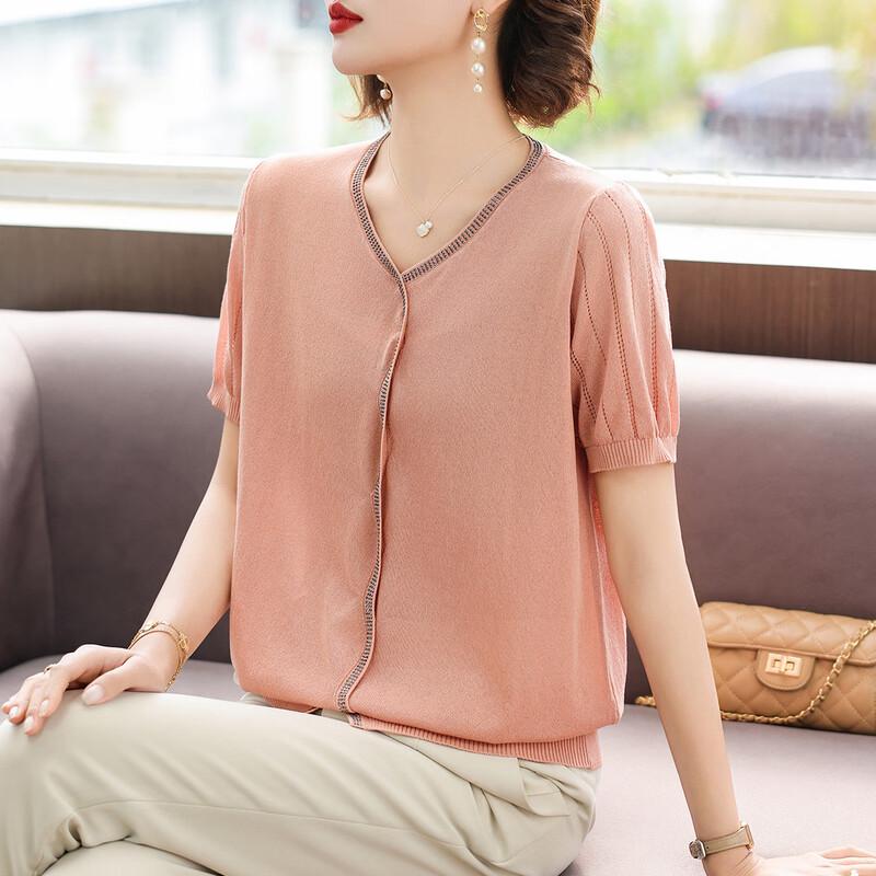 Women s V-Neck Knit Short Sleeve Top 3XL
