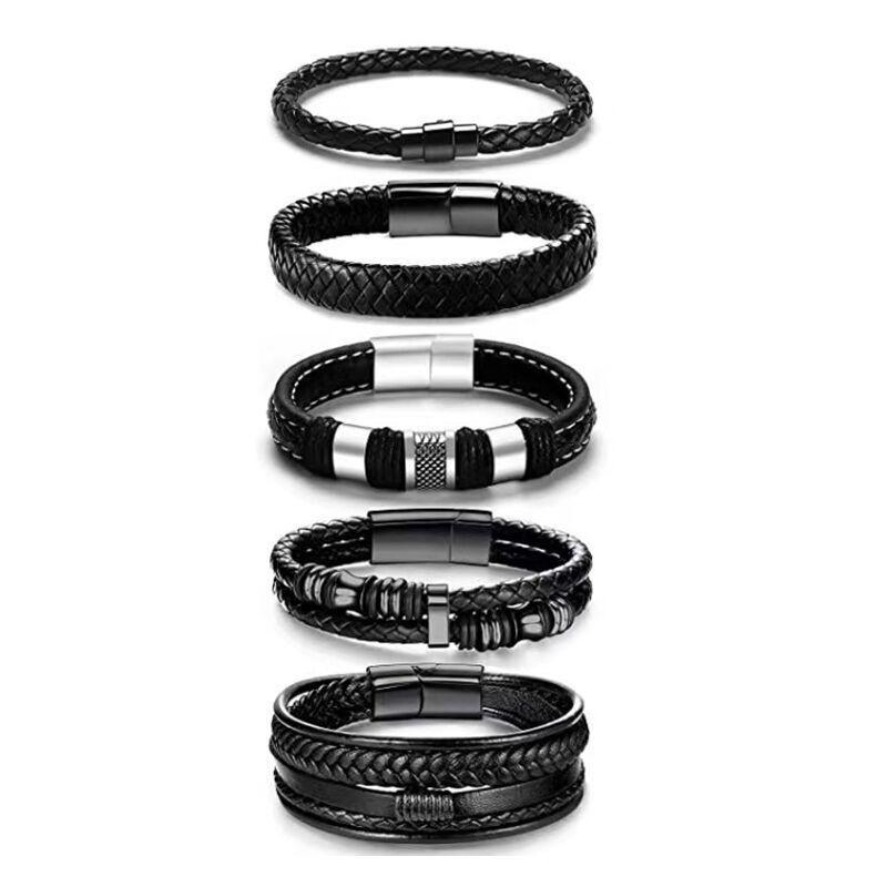 Mens Leather Braided Magnetic Multi-Layer Bracelet Set Geometric Style Unisex Handmade Jewelry