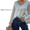 Solid Color Women Blouse Lantern Long Sleeve Simple Satin V-Neck Autumn