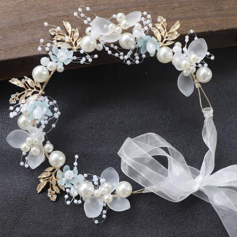 Bride Wedding Hair Accessorie Pearl Flower Headband Girls Crystal Floral Crown Garland Head Hoop Headpiece Hair Jewelry