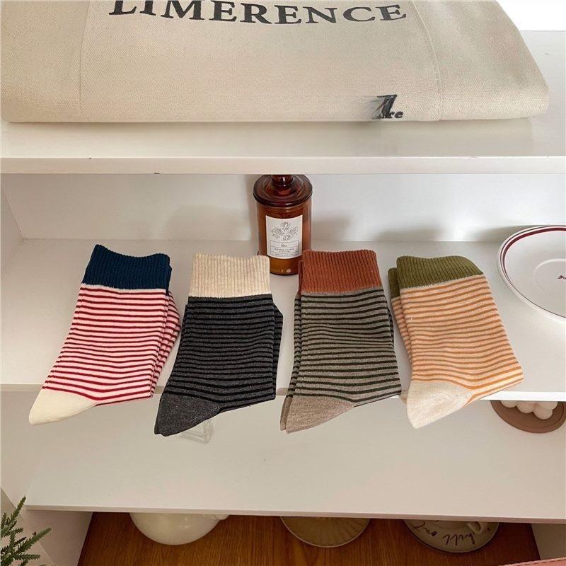 Striped Socks for Women's Autumn and Winter, Paired with Burken Shoes and Socks, Cotton College Windbreakers