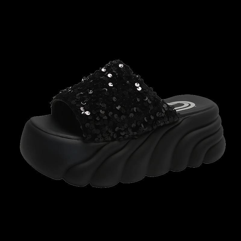 Platform Sandals Half Slippers Women's Summer Wear New Sequined Muffin Bottom Women's Word Cool Slippers
