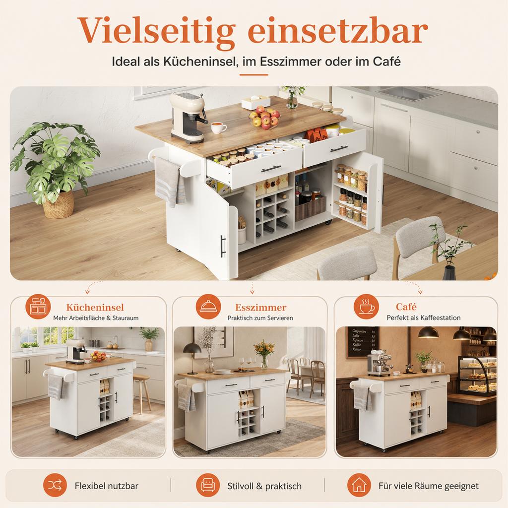 Kücheninsel mit klappbarer Arbeitsplatte, Rollwagen, 2 Schubladen, Wein- und Gewürzregal, Handtuchhalter, Platzsparendes Design für Küche & Esszimmer