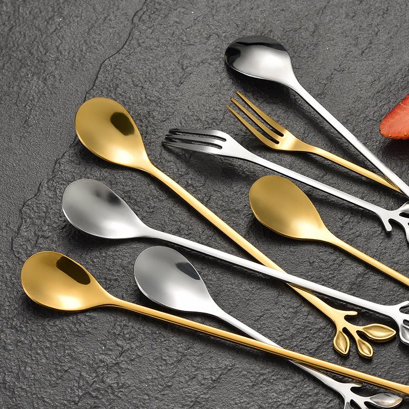 6PCS Creative Personality Stainless Steel Gold Spoons Tree Leaf Spoon Coffee Spoon Tea Spoon Home Restaurant Dessert Cutlery Set