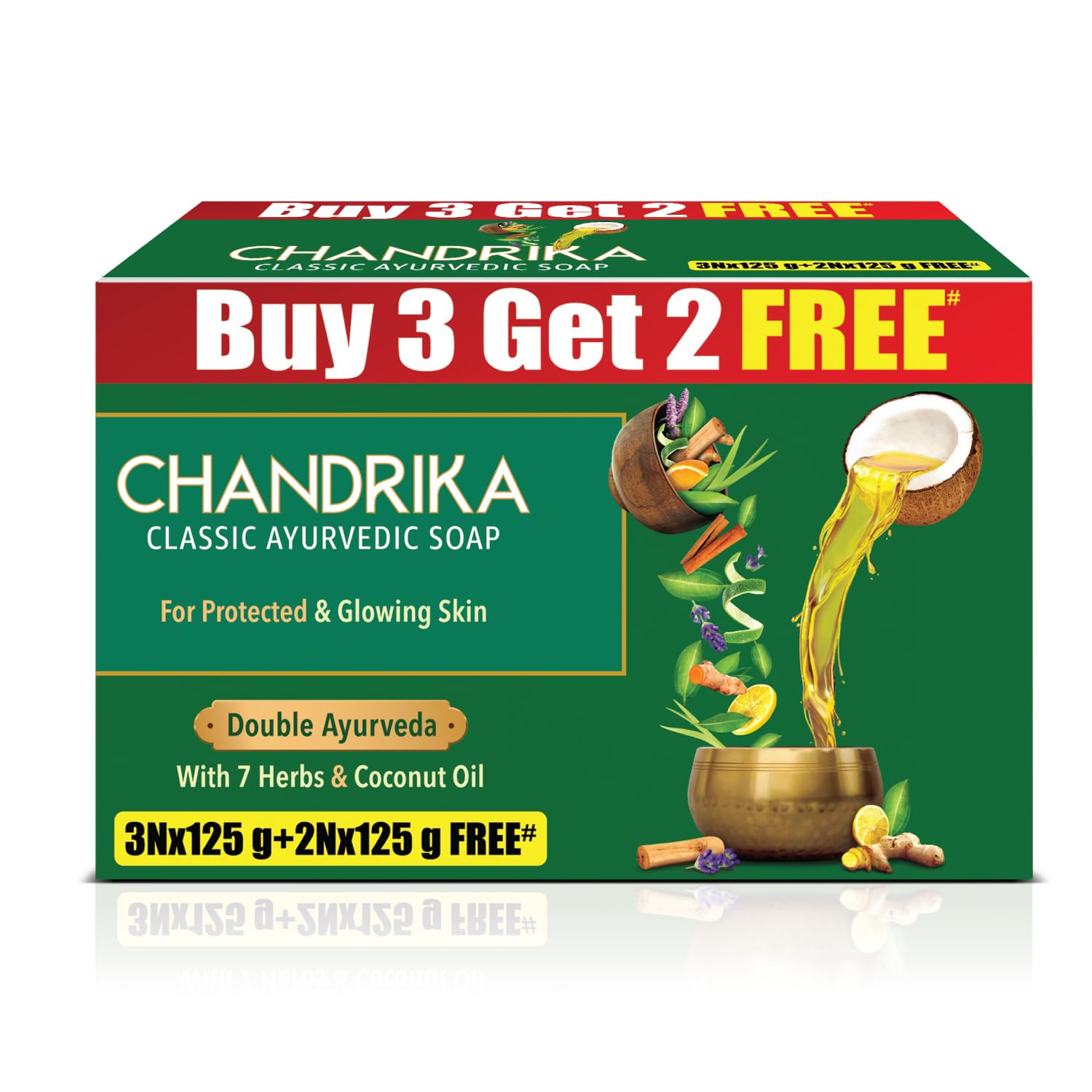 

Chandrika Ayurvedic Handmade Soap For Naturally Radiant Healthy Skin | Coconut & Sandalwood Oils | 125g X 3N + 2Nx125g Free
