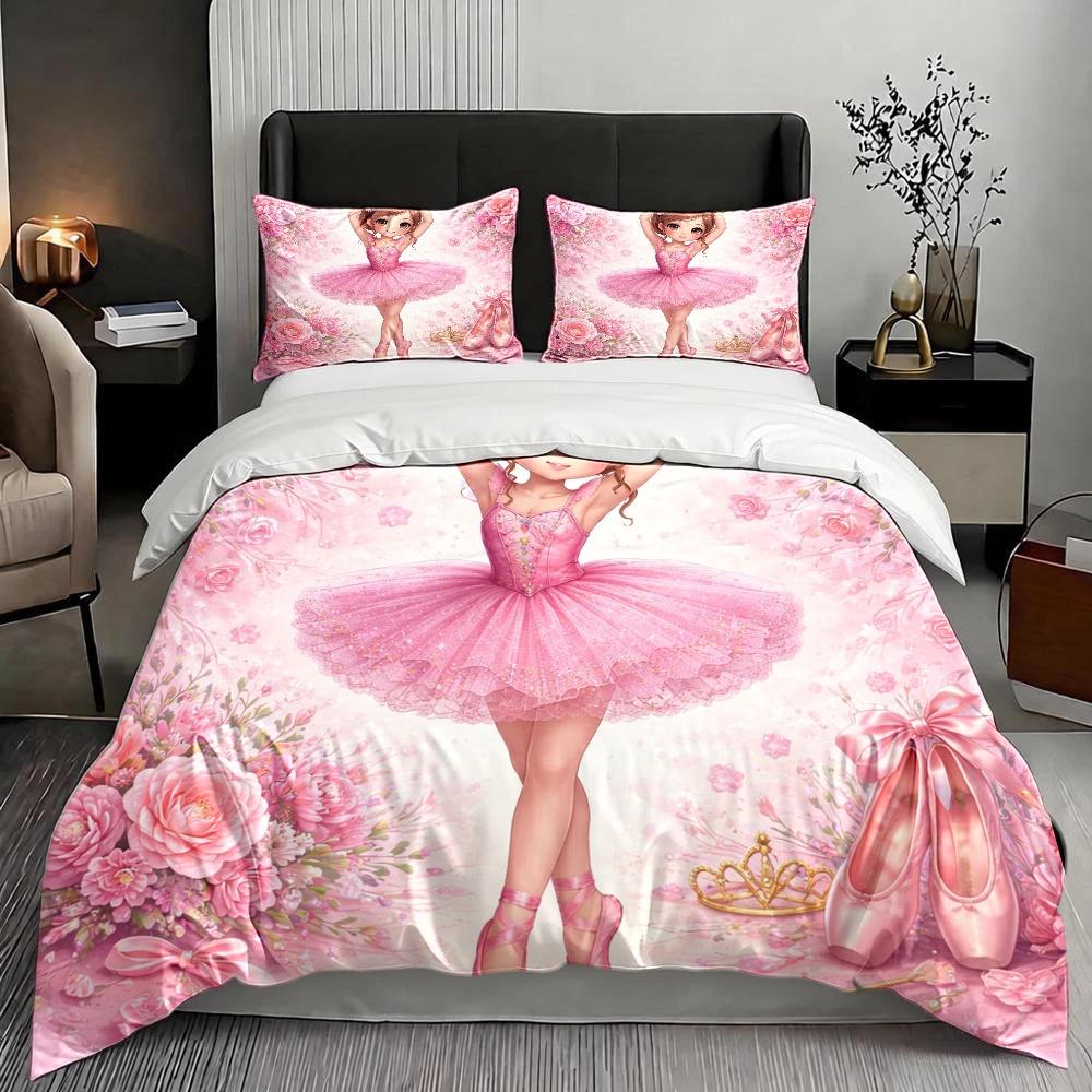 3Pc Ballet Princess Pink Floral Duvet Cover Set, 1*Duvet Cover + 2*Pillowcases, Three-Piece Bedding Set, Suitable for All Seasons, Machine W