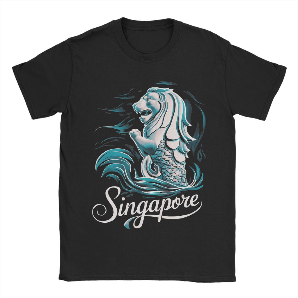 Singapore Flag Chinese Characters with Skyline Merlion TShirts for Unisex Casual Cotton Tees O Neck Short Sleeve T Shirts Classic