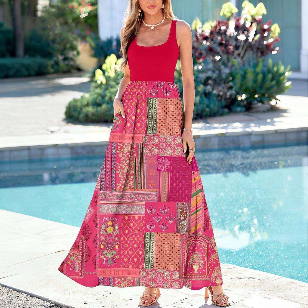 Ladies' floral print summer casual and fashionable sleeveless long dress