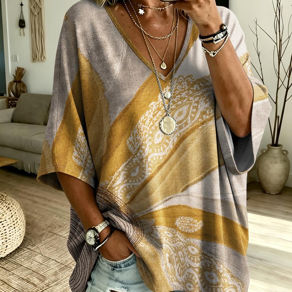 Women's large size V-neck top, elegant and comfortable, simple floral pattern printing large size women's V-neck T-shirt - fashionable and versatile