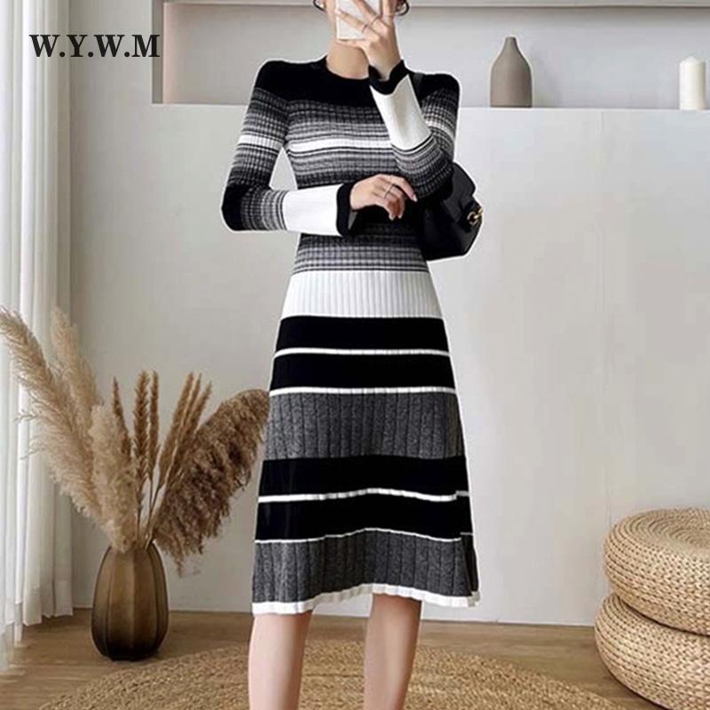 

WYWM повседневное винтажное полосатое вязаное платье с круглым вырезом, женское осенне-зимнее элегантное платье с длинным рукавом, женское свободное модное базовое платье трапециевидной формы