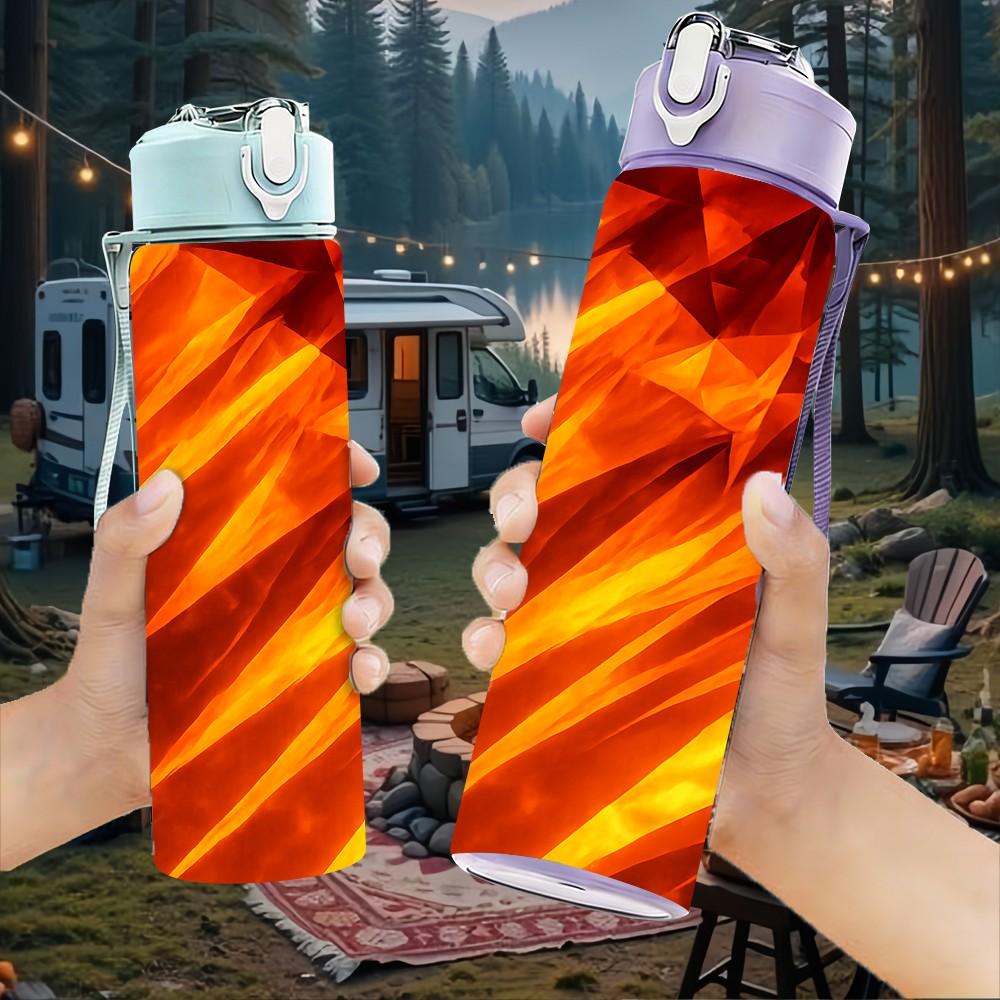 1PC Bright Red Orange Flame Fire Texture Print 750ml Color Plastic Sports Water Bottle Leakproof Flip Straw Lid Suitable for Sports Office Home Use