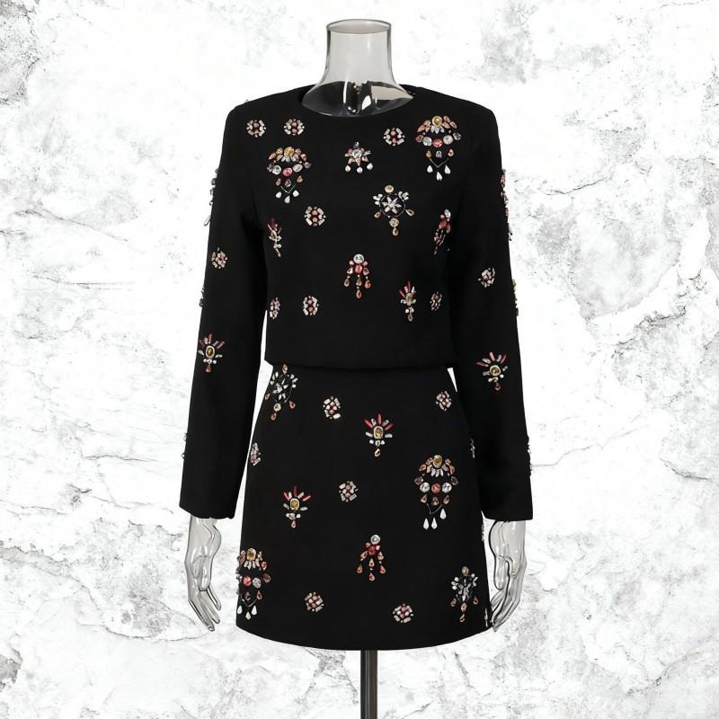 

Light Luxurious Style Beaded Suit Classic Round-neck Long-sleeve Top + High Waist Slimming Short Skirt S