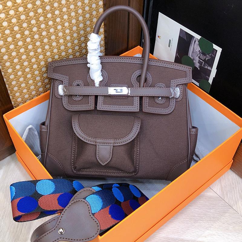 Haute couture version 2025 new cargo platinum bag canvas splicing leather women's handbag shoulder messenger bag