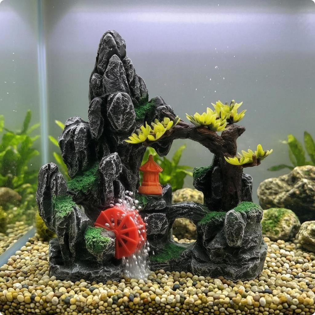 Water Wheel Aquarium Ornament MossLike Aquatic Habitat Scenic Mountain Decor Resin