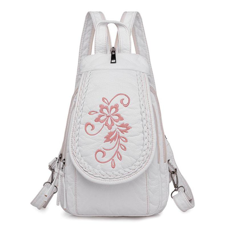 

Embroidery Mini Backpacks Women s Backpack Cute Flower Pattern Wash PU Leather Ladies Backpack White Shoulder Bags for Girls SAC 20cm x 8cm x 30cm