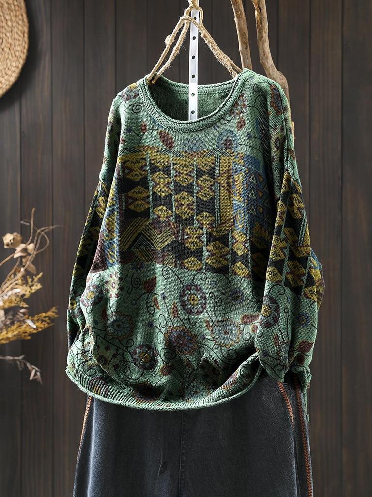 Women's Retro Floral Cotton Knit Sweater: Loose, Large, Round Neck, Pilling-Resistant Pullover for Spring & Autumn