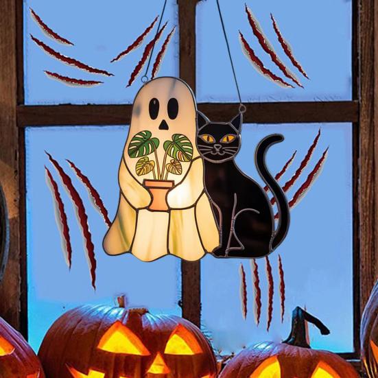 Halloween Suncatcher Stained Glass Window Hanging Light Catcher Ornaments Acrylic Ghost Black Cat Craft for Wall Window Decor