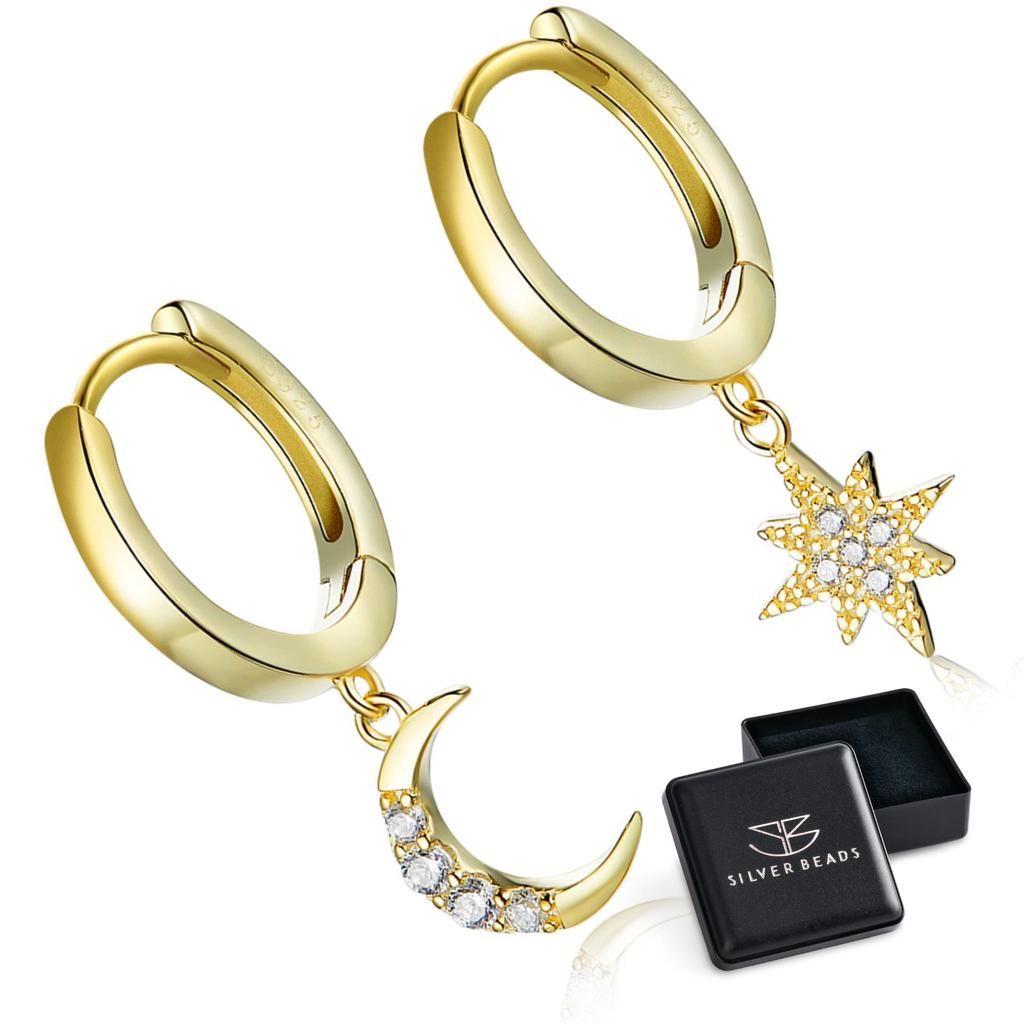 Star and Moon Gold Plated Silver Hoop Earrings 925 Silver