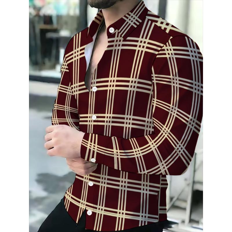 Men's Dress Shirt, Khaki Brown Checkered, Business Casual Long Sleeve Collar