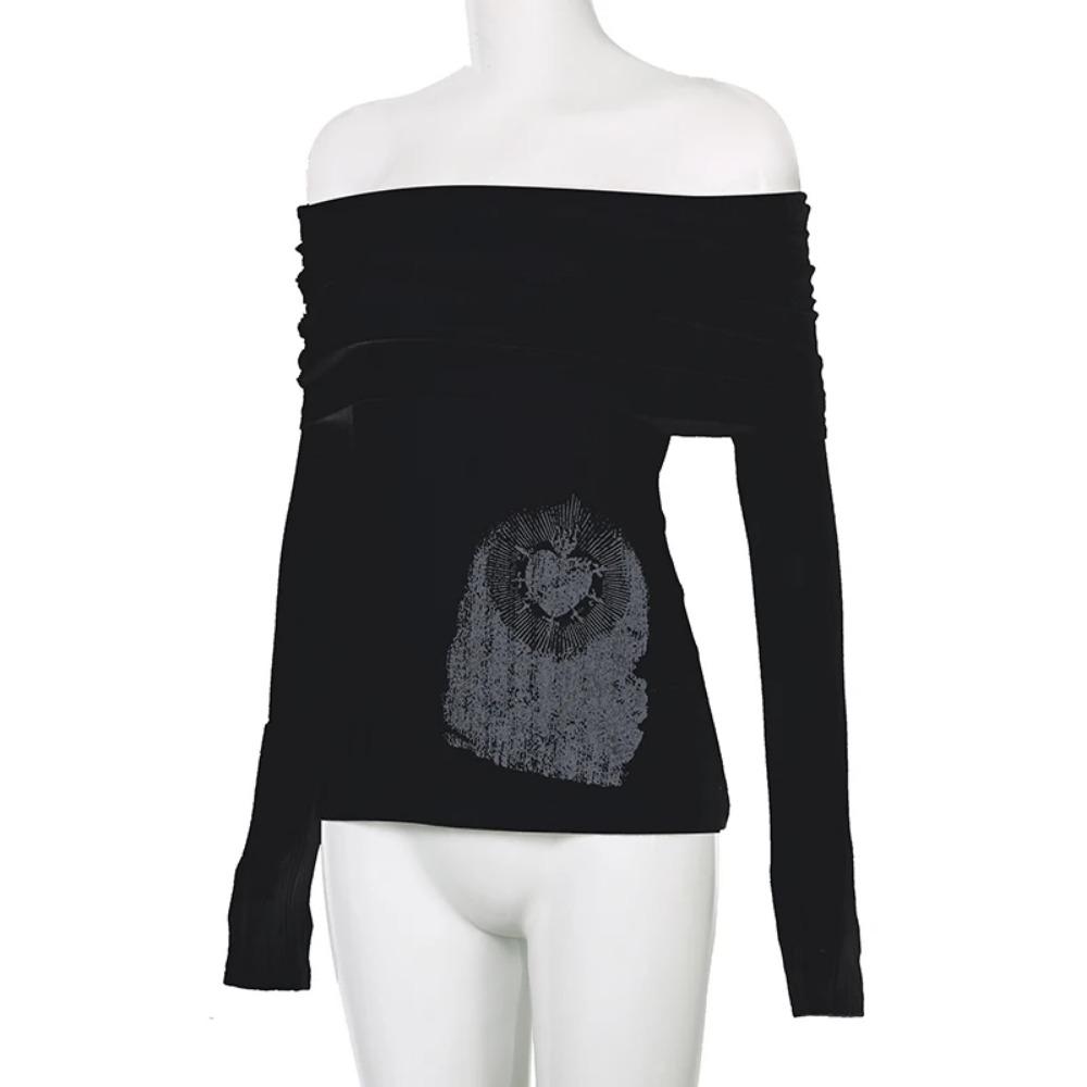 See Through Dark Printed T Shirt Casual Slash Neck Long Sleeve Tees Women Fashion Streetwear Ladies