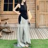 Korean suit, high-end black vest, streamer top, women's summer striped retro wide-leg loose high-waisted trousers
