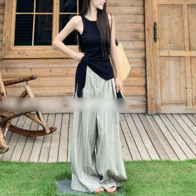 Korean suit, high-end black vest, streamer top, women's summer striped retro wide-leg loose high-waisted trousers