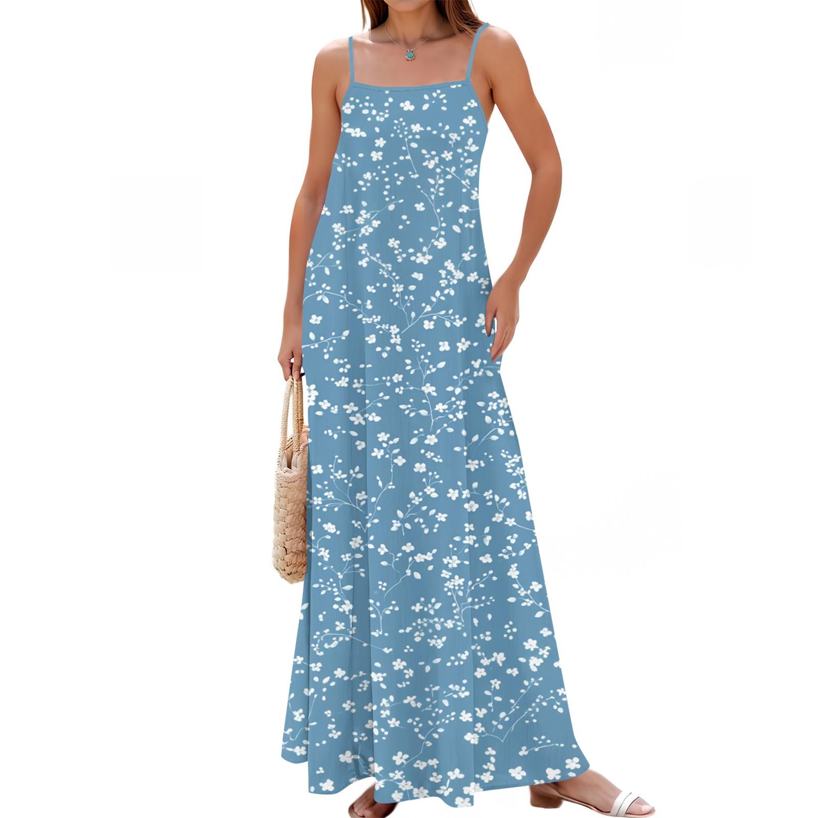 

Women s Spring And Summer Casual Fashion Adjustable Suspender Printing Long Dress L синій
