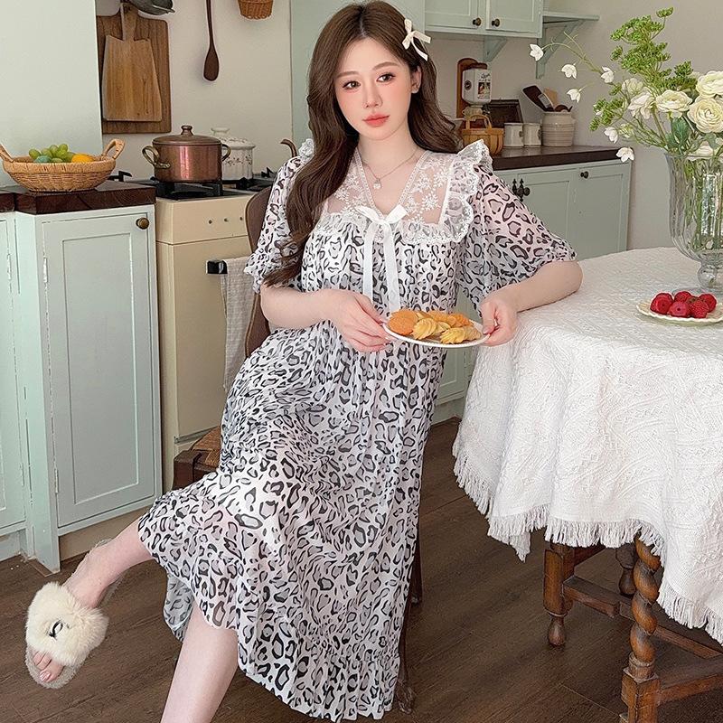 Linglei Summer Printing Color Lace Bow Mesh Court Princess Style Long Nightdress Pajamas Loungewear Women