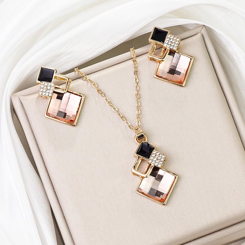Korean Geometric Square Jewelry Set: S925 Silver Needle Minimalist Earrings & Necklace with Inlaid Diamonds