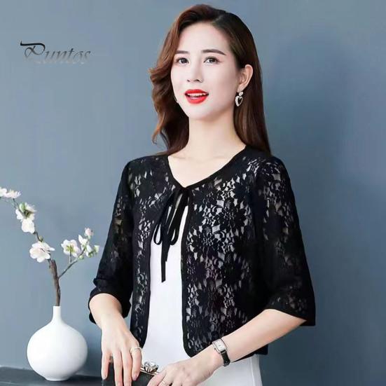 Women Fall Spring Coat Lace-up Floral Embroidery Solid Color Shawl Three Quarter Sleeves Loose Hollow Out Lace Round Neck Short Type Sun Protection