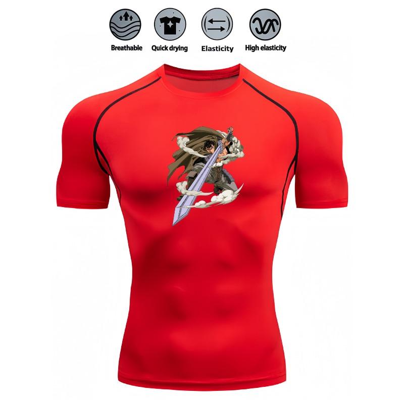 Mens White Compression Short Sleeve T-Shirt Anime Warrior With Sword Graphic Breathable Quick Dry High Elasticity Gym And Running Athletic Top