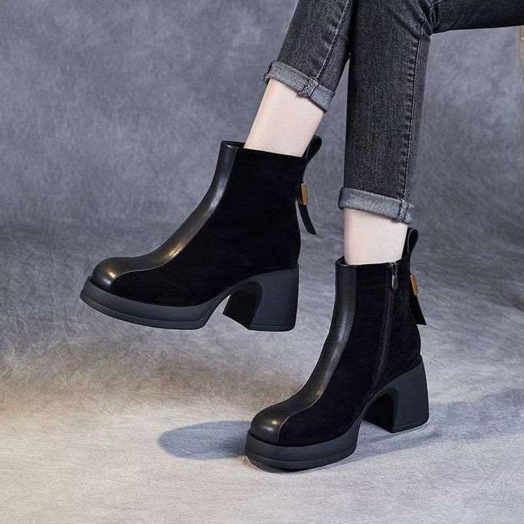 Frosted leather thin boots women's autumn and winter 2025 new Chelsea velvet fashion boots thick heel high heel fashion short boots