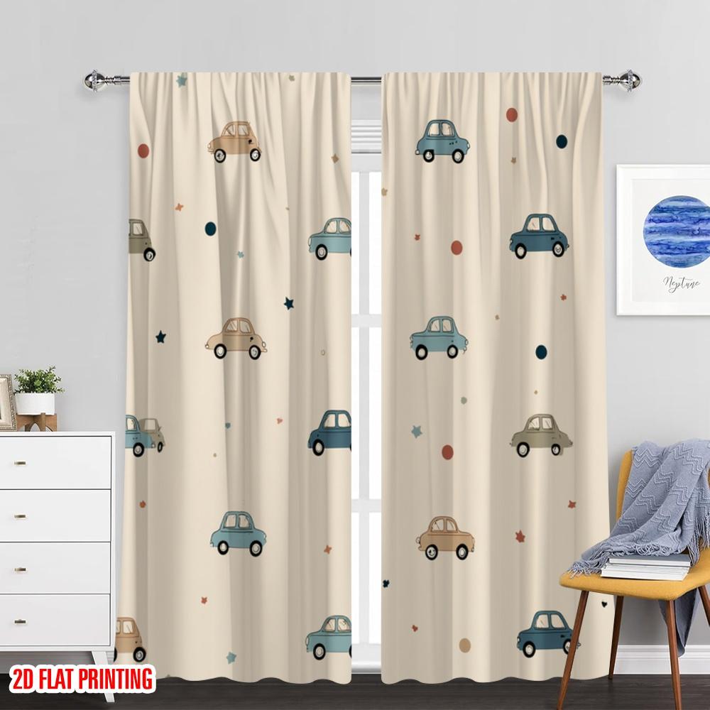 Set Of 2 Flat Printing Scene Curtains Cute Cars Wallpaper Polyester Without Electricity Party Decorations Holiday Portraits Curtain