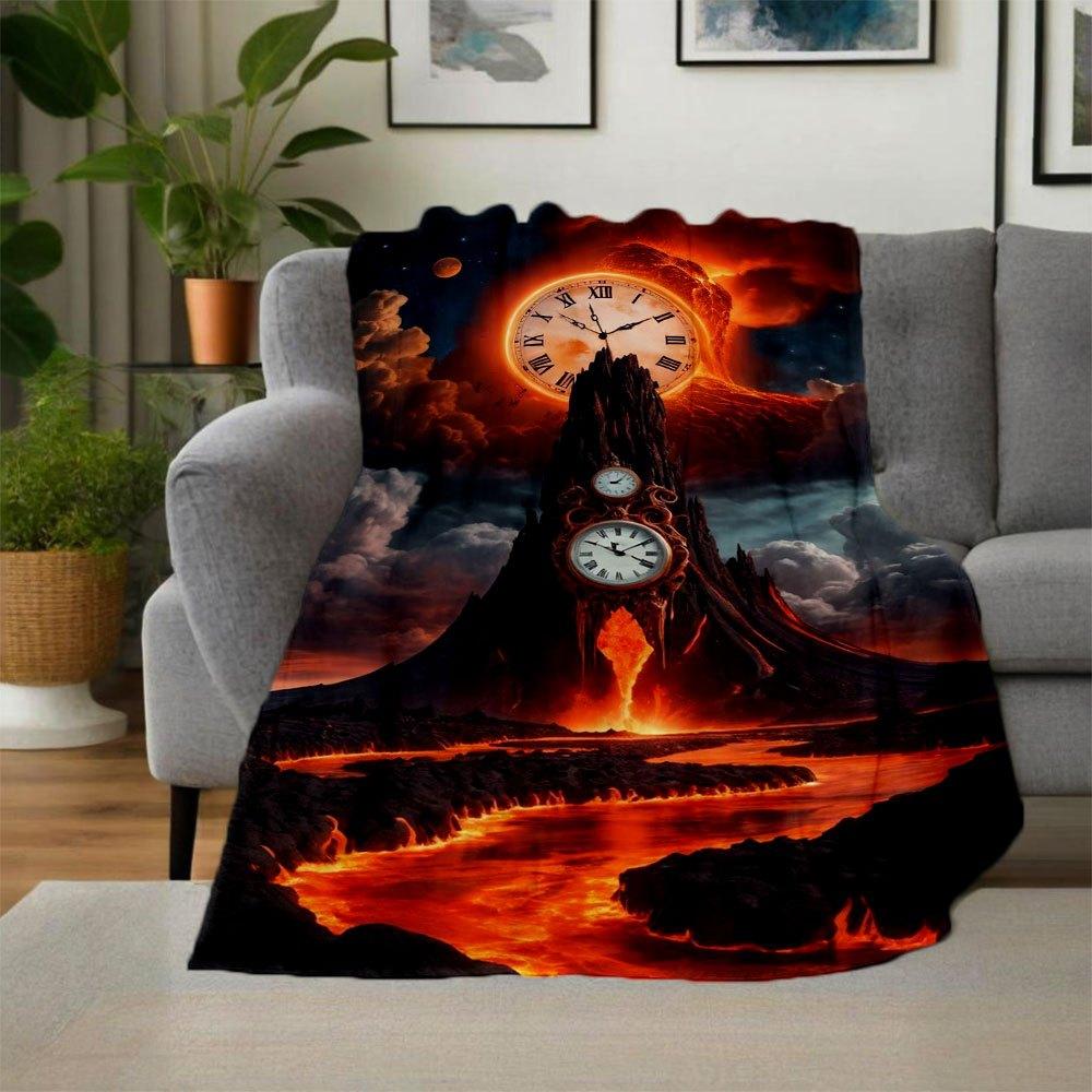 "Timeless Eruption: Fantasy Clockwork Volcano Art Print"Blanket Flannel Throw Blanket for Sofa, Bed, Travel, Camping, Office