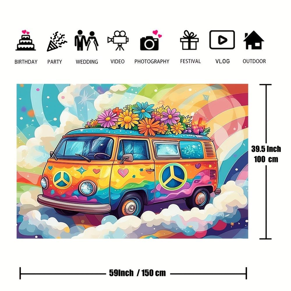 1 Artikel, psychedelischer Hippie-Bus und Gänseblümchen 2D Retro-Party-Hintergrund, geeignet für Geburtstagsfeiern im Stil der 60er und 70er Jahre