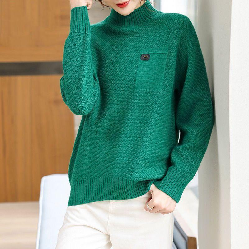Autumn and Winter Fashion Half High Collar Solid Knitted Long Sleeve Stylish and Thickened Women's Casual Sweater