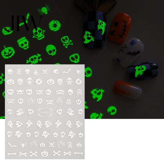 DIY Nail Art Stickers 6 Sheets Halloween Glow-in-the-dark Sticker, Spooky Ghost Pumpkin Skull Manicure Dark Theme Supplies Decal, Decoration