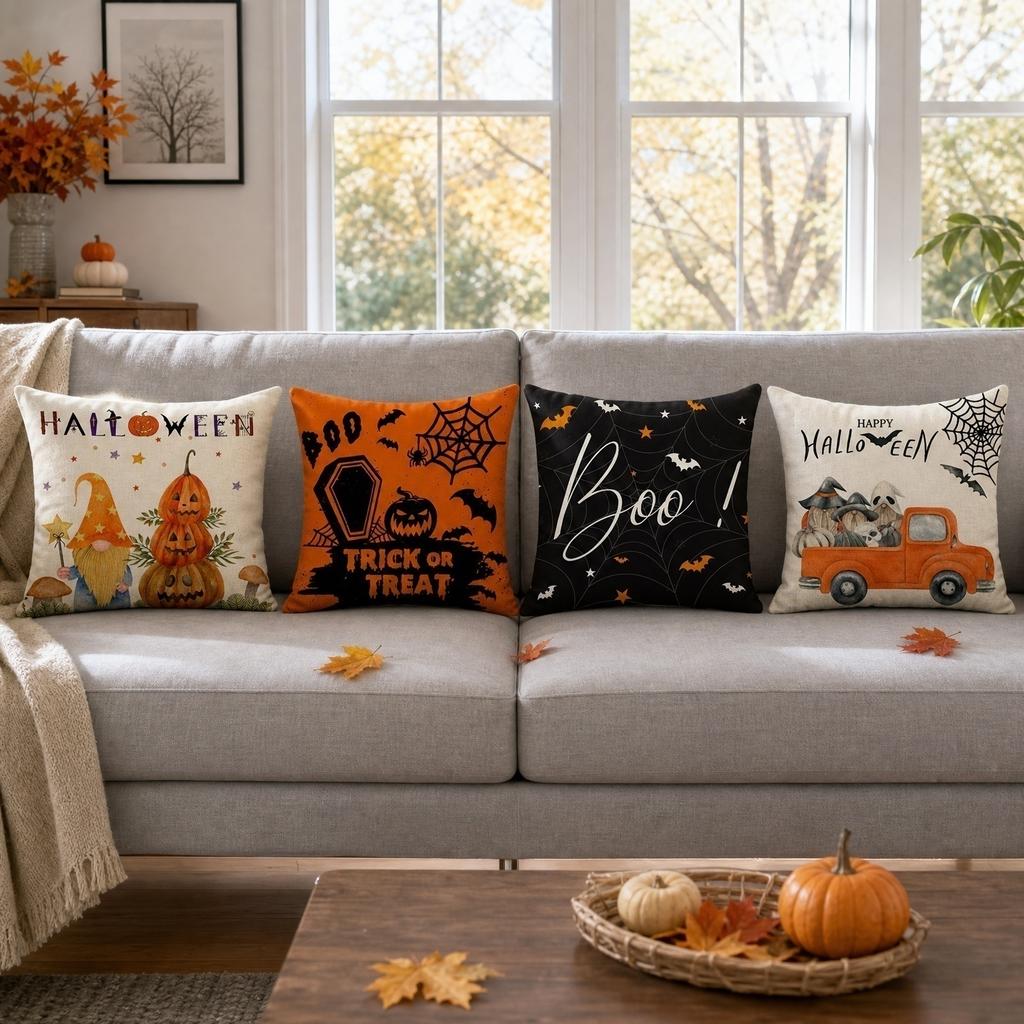 4PCS Halloween Pillow Covers Set Decorative Sofa Throw Pillowcases with Pumpkin and Haunted House Designs for Home Decor