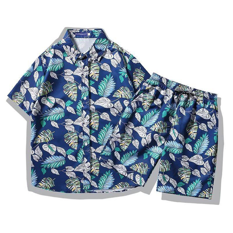 Men's Retro Floral Short-Sleeve Shirt & Beach Shorts Set for Seaside Vacations