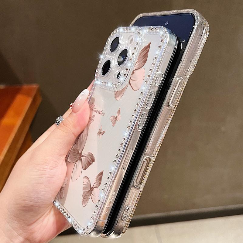For iPhone 16 Pro 16E 15 Pro Max 14 13 12 11 Phone Case Diamond Frame Butterfly Print Clear Shockproof Soft Silicone Anti-Fall Bumper Cover
