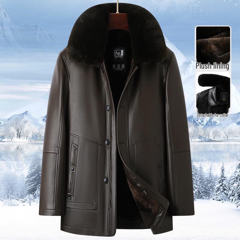 Men's Fur-Lined Leather Jacket with Plush Lining - Ideal Winter Wear for Middle-Aged and Elderly.