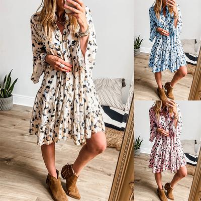 Women's Long Sleeve V-neck Buttoned Loose Floral Short Dress