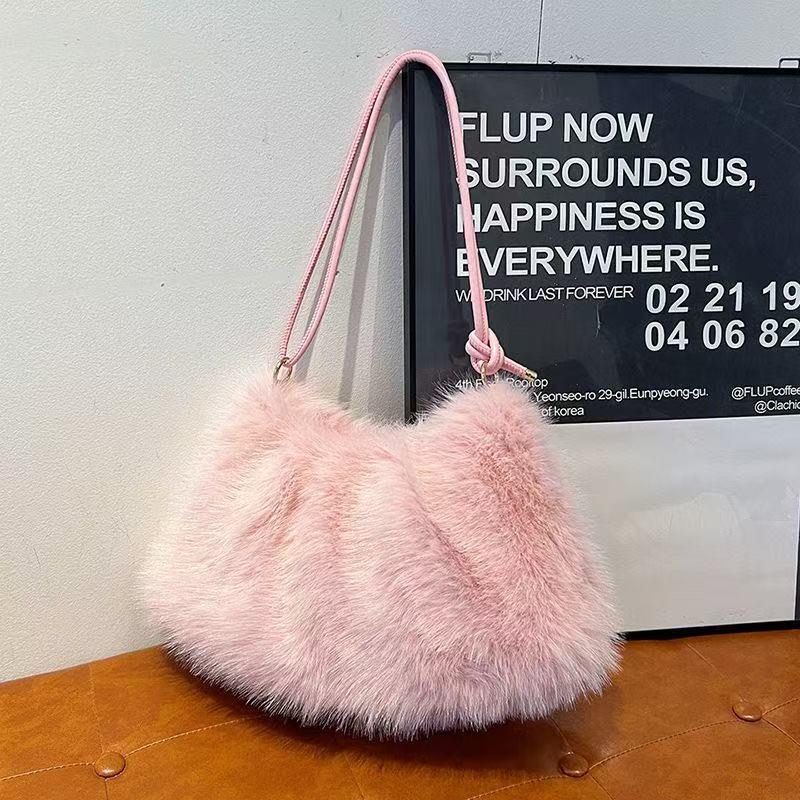 

Трендовая пушистая сумочка инфлюенсера - Ретро европейский/американский стиль, Модная, Высококлассная, Универсальная наплечная сумка для осени/зимы. розовый