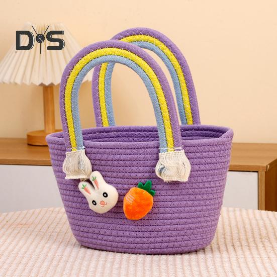 Gewebter Osterkorb mit Griff, gewebter Korb aus Baumwolle für die Eiersuche mit Hase und Karotte, leere Oster-Leckerli-Tasche für Geschenke und Süßigkeiten