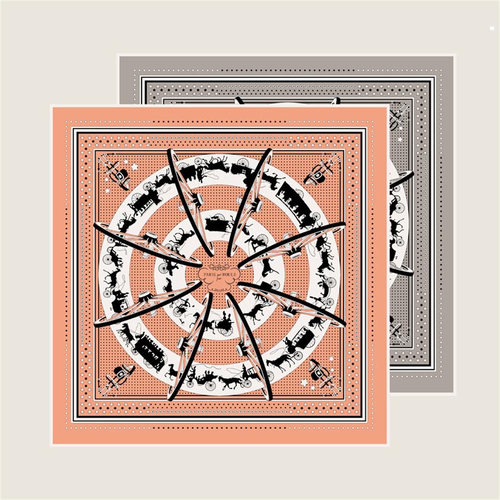 POBING Manual Hand Rolled Twill Silk Scarf Women Carriage Double Print Square Scarves Wraps Echarpes Foulards Femme Hijab 90CM