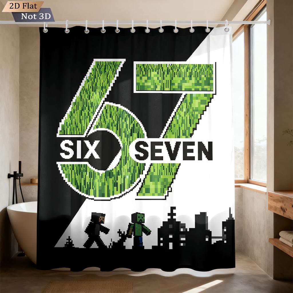 1Pc Pixel Building Block Style 67 Print Waterproof Bathroom Privacy Hanging Curtain 12 Hooks Multiple Sizes Machine Washable