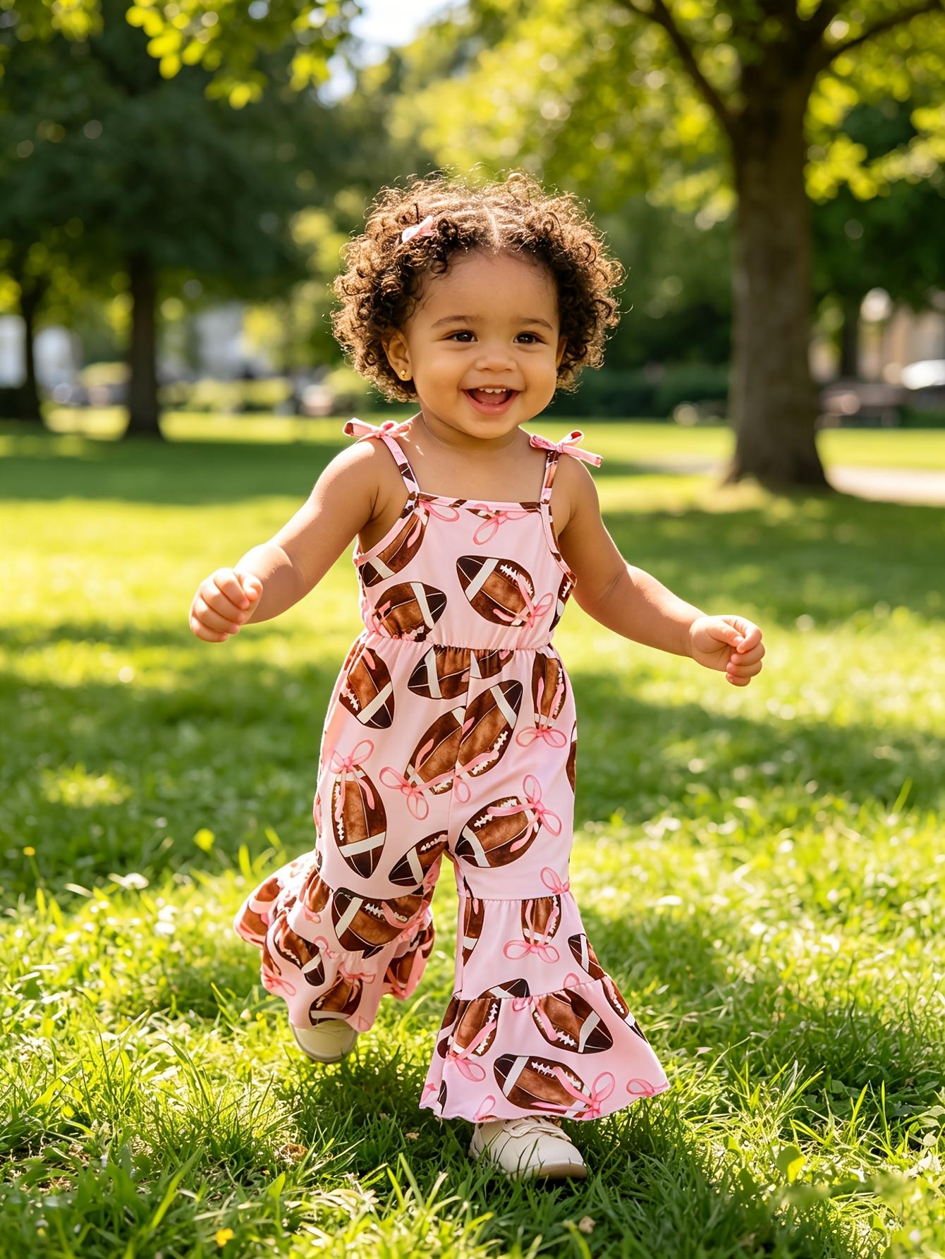 Toddler Girls Pink Football Bow Print Spaghetti Strap Ruffle Flare Leg Jumpsuit Cute Game Day Outfit 9-12M