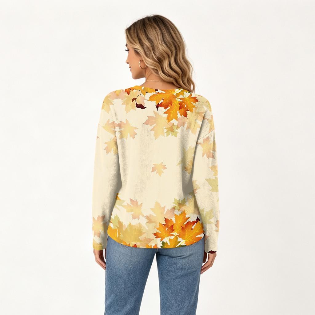 Women's Fashion Vintage Print Knit Long Sleeve Top with Button-Down Collar